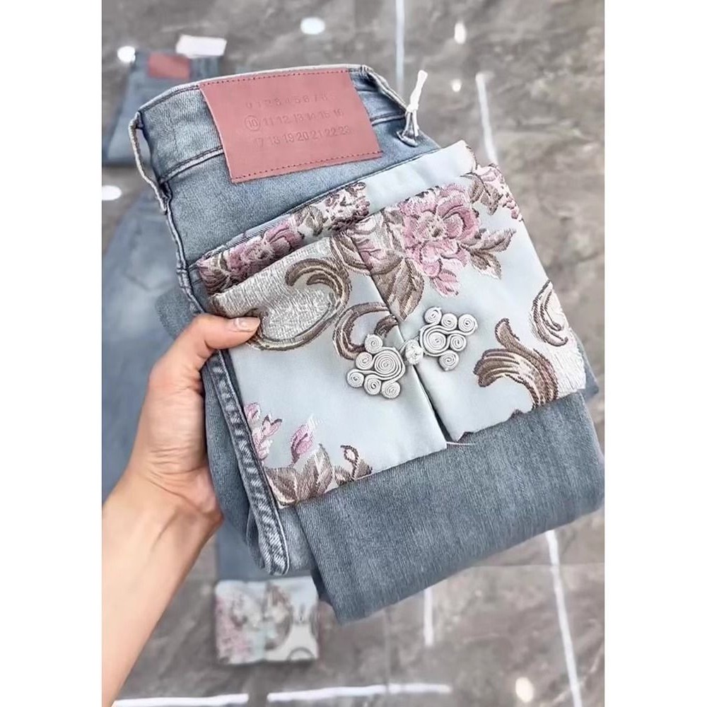 Celana Denim Wanita Gaya Cina Bordir Gaya Cina Baru Pinggang Tinggi Slimming Celana Rokok