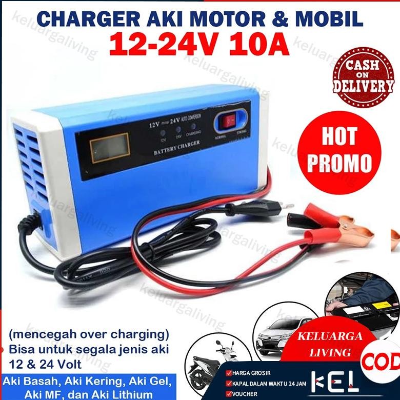 Charger Aki Mobil Motor 12V-24V 10A/ Charger Aki Portable 12V-24V 10A Mobil dan Motor LCD Indicator 