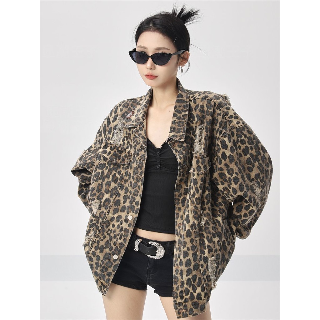 Jaket Vintage Wanita Cetakan Macan Tutul High Street Gaya Pasangan Trendy