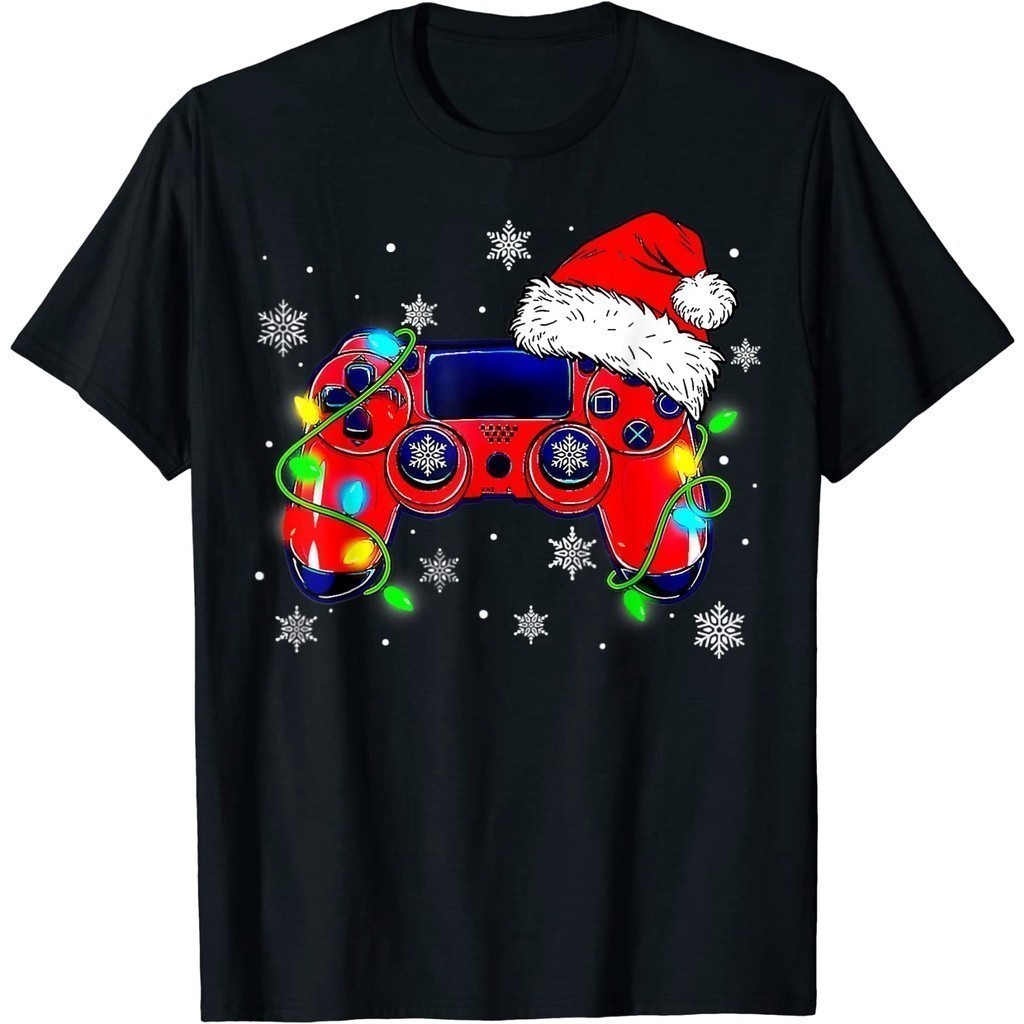 Kaos  Design Print Video Game Controller Christmas Santa Hat Gamer Boys T-Shirt Baju Unisex Vintage 