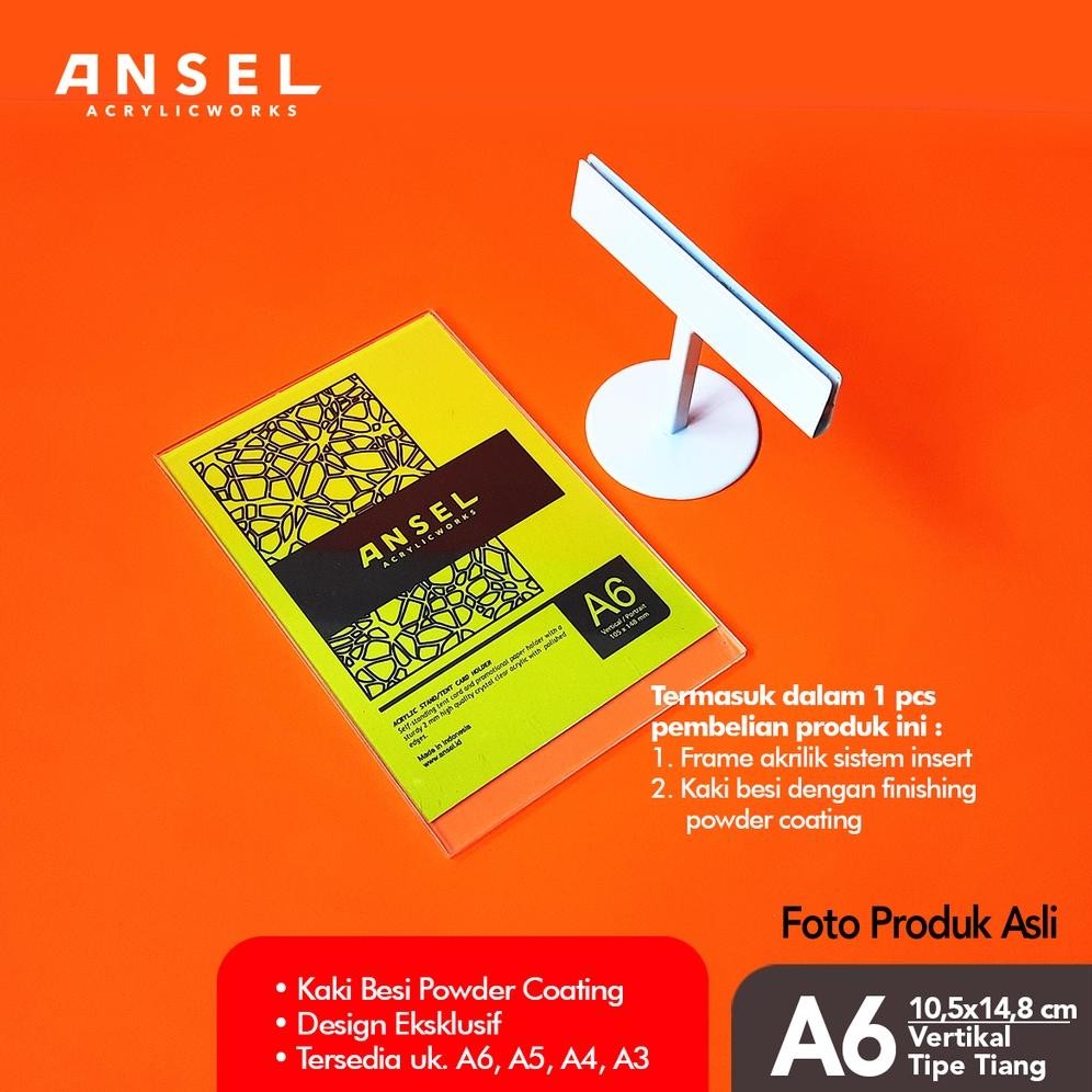 

Ready Ansel Nore - Tent Card Akrilik Besi / Tiang A6 Vertikal 10,5X14,8 Cm [Stand Akrilik Acrylic, Display Menu, Brosur, Tent Holder, Nomor Meja Dll]