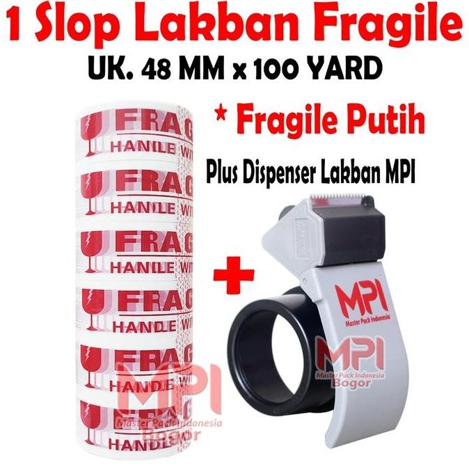 

Promo 1 SLOP [ 6 Roll ] - Lakban Fragile Merah - Fragile Putih MPI 48 mm x 100 yard + Dispenser Lakban MPI - master Pack Indonesia Bogor COD