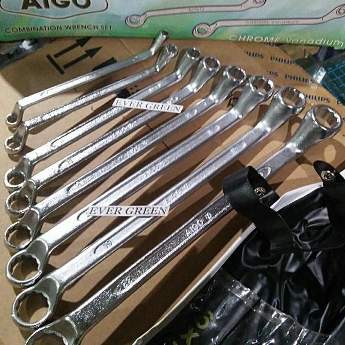 Terjangkau Kunci Ring Set 8 Pcs Aigo Model Bengkok 75 / Double Ring 8-22 Mm