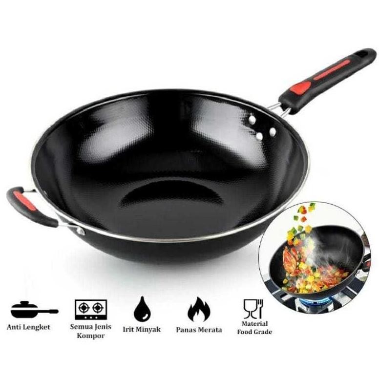 HRN-813 d-54 Wajan GAGANG Hitam Enamel 34CM Anti Gores Lengket Kuali Penggorengan Bulat Besar Jumbo 