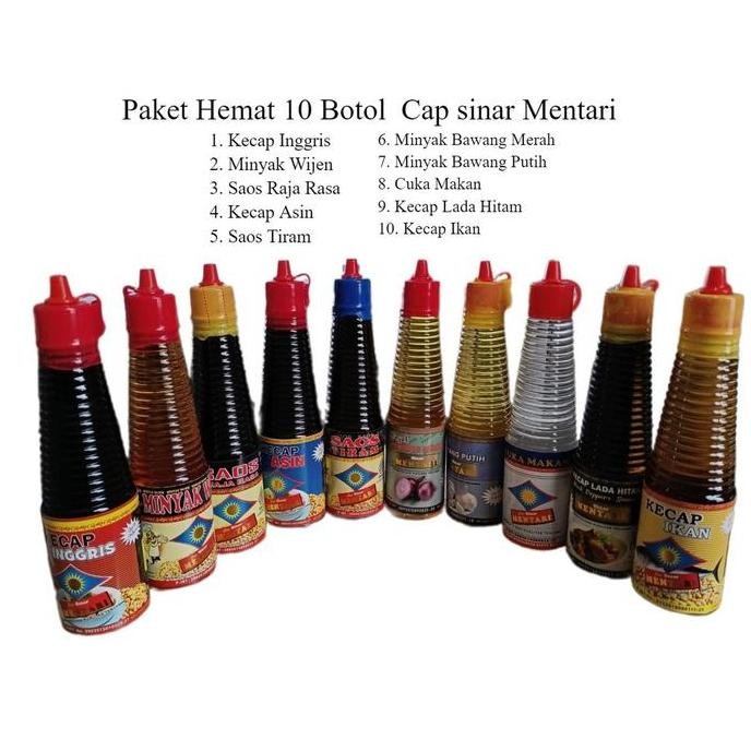 

Terlaris Paket Spesial 10 Botol - Kecap Inggris, Minyak Wijen, Saos Raja Rasa, Kecap Asin, Saos Tiram, Minyak Bawang Merah, Minyak Bawang Putih, Cuka Makan, Kecap Lada Hitam, Kecap Ikan Cap Sinar Mentari 150 Ml