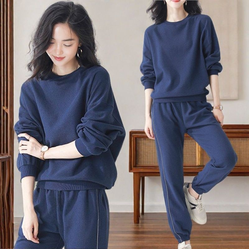 Women's Spring and Autumn New Fashion Round Neck Casual Waffle Sports Set