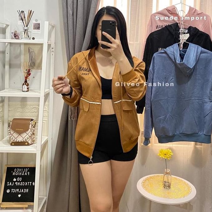 Gliveo (Cod) - Jaket Hoodie Pocket Suede Import / Jaket Suede Wanita Import / Jaket Wanita Terbaru /