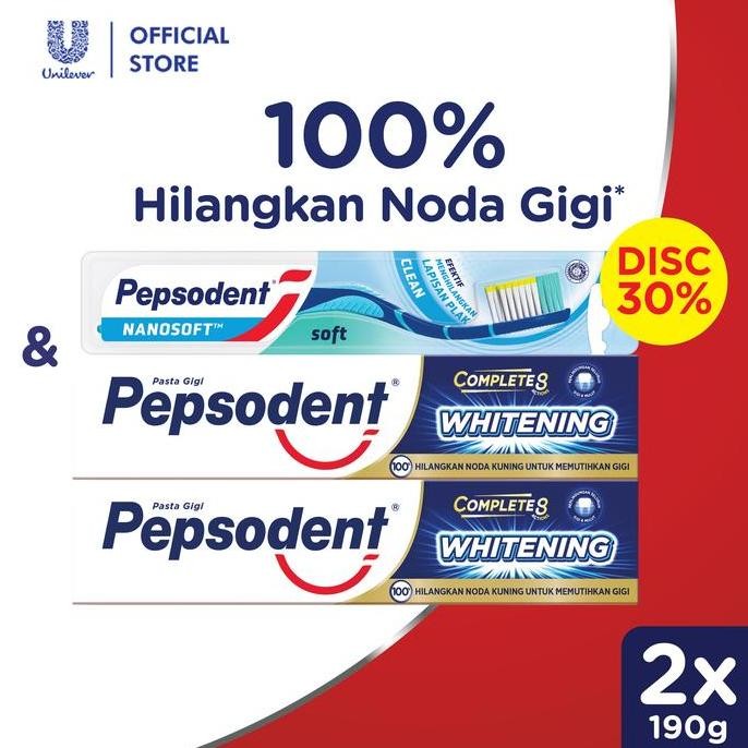 Pepsodent Complete 8 Plus Whitening 190gr isi 2 FREE Pepsodent Sikat Gigi Nanosoft Clean