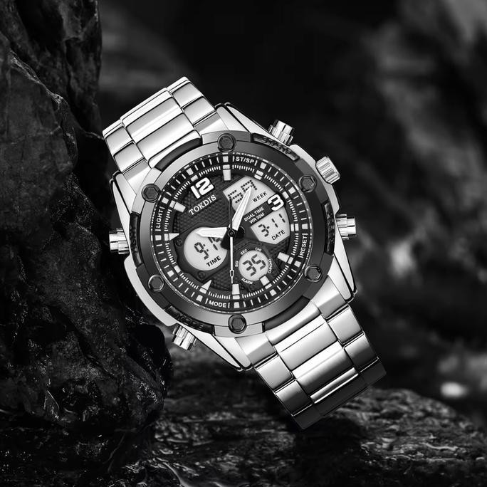 Promo Tokdis Jam Tangan Pria 2589 Double Time Rantai Stainless Steel Water Resistant 3 Atm Kaca Watc