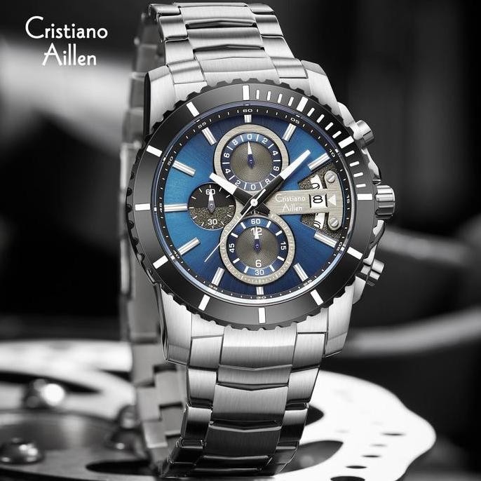 Murah Diskon Cristiano Aillen Jam Tangan Pria Analog 8898 Rantai Stainless Steel Chronograph Kaca Sa