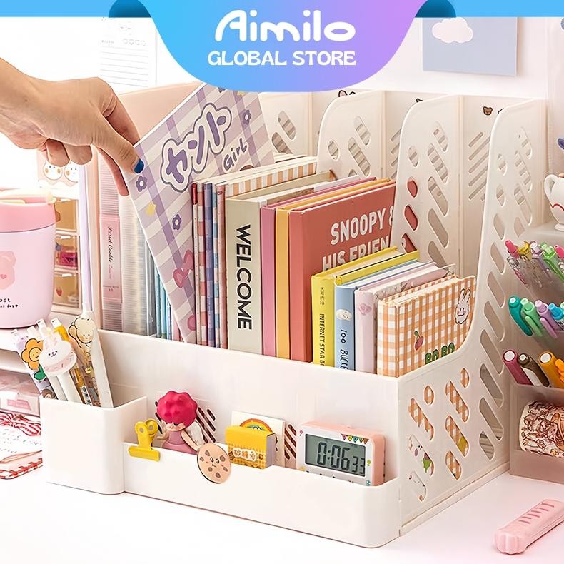 

Aimilo Rak Buku Minimalis Aesthetic Tempat Buku Desktop Organizer File Serbaguna Box File Rak Buku Sekat
