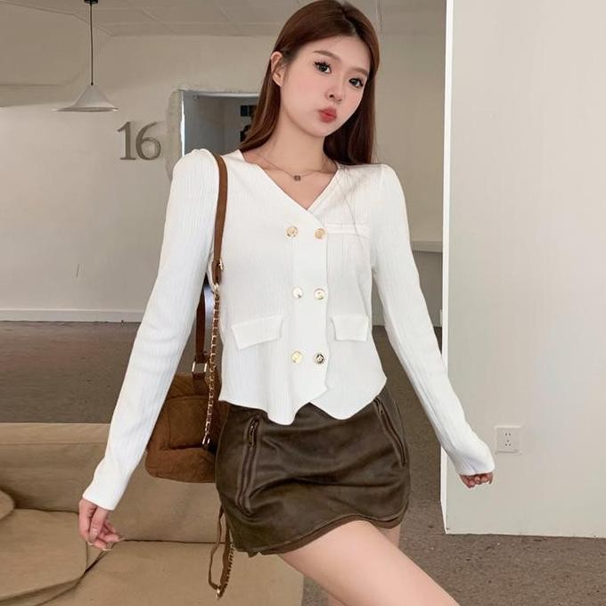 Ajw [Rca] Atasan Rajut Wanita Tweed Blazer Button Gold Variasi Kantong Knit Premium | Tweed Blazer V