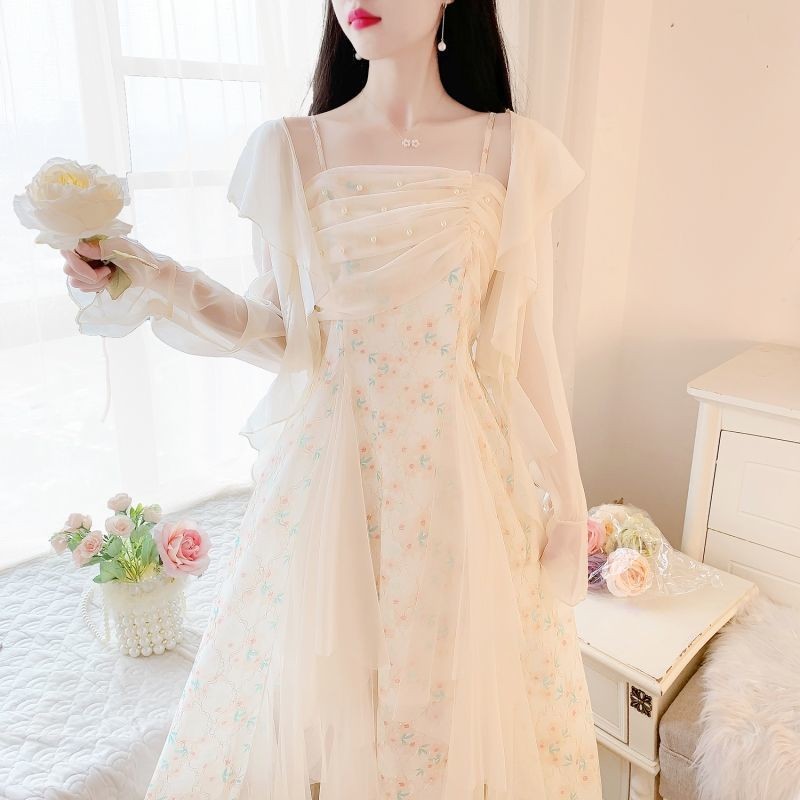 Overall Dress Lace Dress Summer Retro Long Dress Two-Piece Set