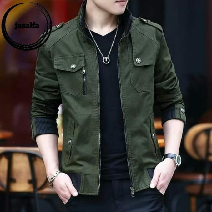 jaket pria terbaru katun drill kualitas premium - Hijau Army - TNI - Hijau Army, S