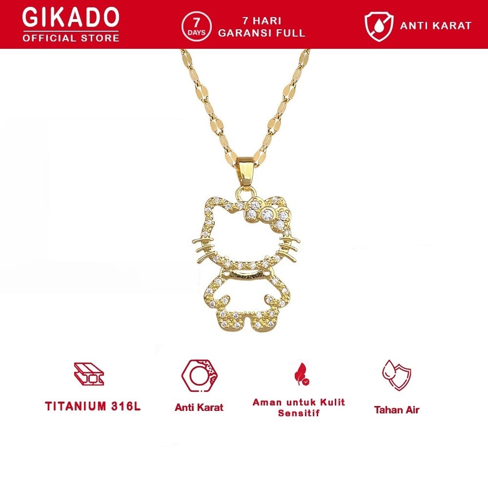Gikado Kalung Wanita Titanium Hello Kitty Kucing Emas Perak
