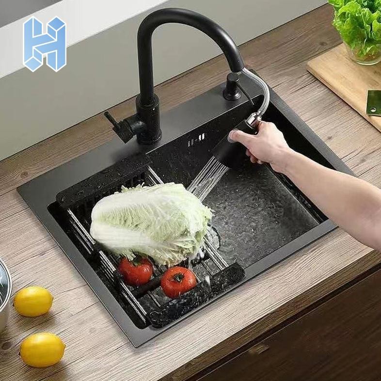 NEW Paket Lengkap Kitchen Sink Dan Kran Tarik Hitam Wastafel Cuci Piring Stainless Tempat Cuci Pirin