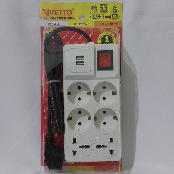 HARGA DISC - Stop Kontak Segi 4 lubang + 2 USB + 2 Colokan kaki 3 +Kabel 1,5m VETTO