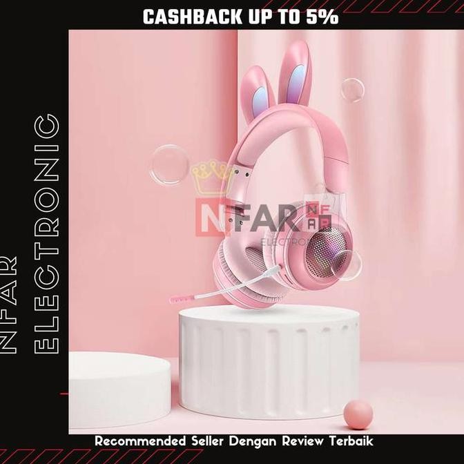 Headset Anak Bluetooth Wireless Telinga Kelinci Lucu Headphone Pink New Stok