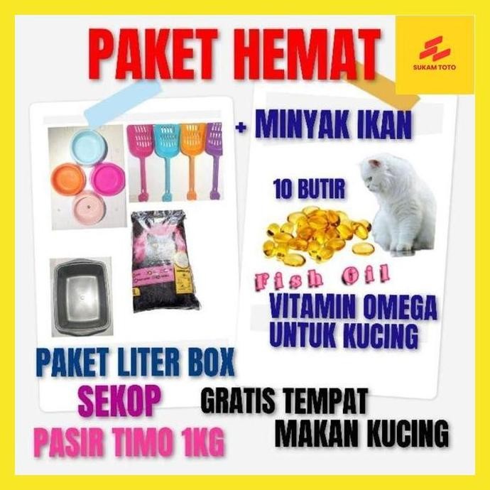 

Terlaris Toto~ Paket Bak Pasir + Sekop +1Kg Pasir Gumpal Wangi Bentonite Timo,Tofu(500Gr), Gratis Tempat Makan Kucing + Minyak Ikan Vitamin Omega 10 Butir