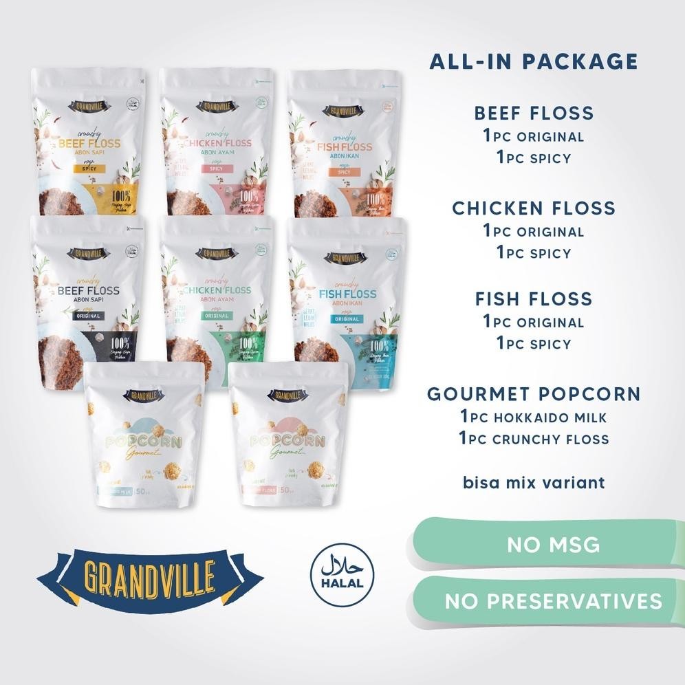 

[TERMURAH] Grandville Abon SAPI, IKAN, AYAM Crunchy Original Manis Spicy Pedas - 100g AST nUg