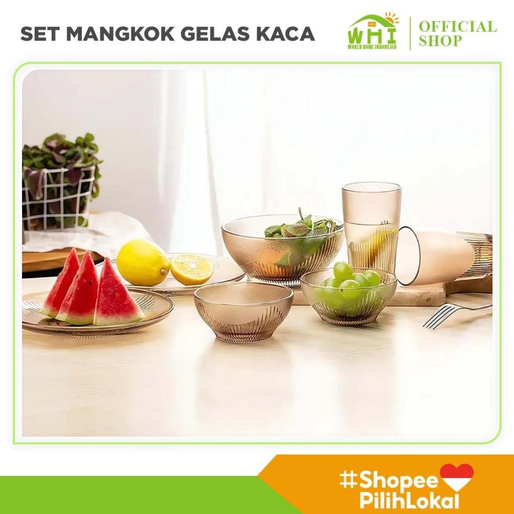 RADEN World Home Set Mangkok Piring Gelas Kaca Isi 6 Set Peralatan Makan Gelas Cantik Souvenir Kado 