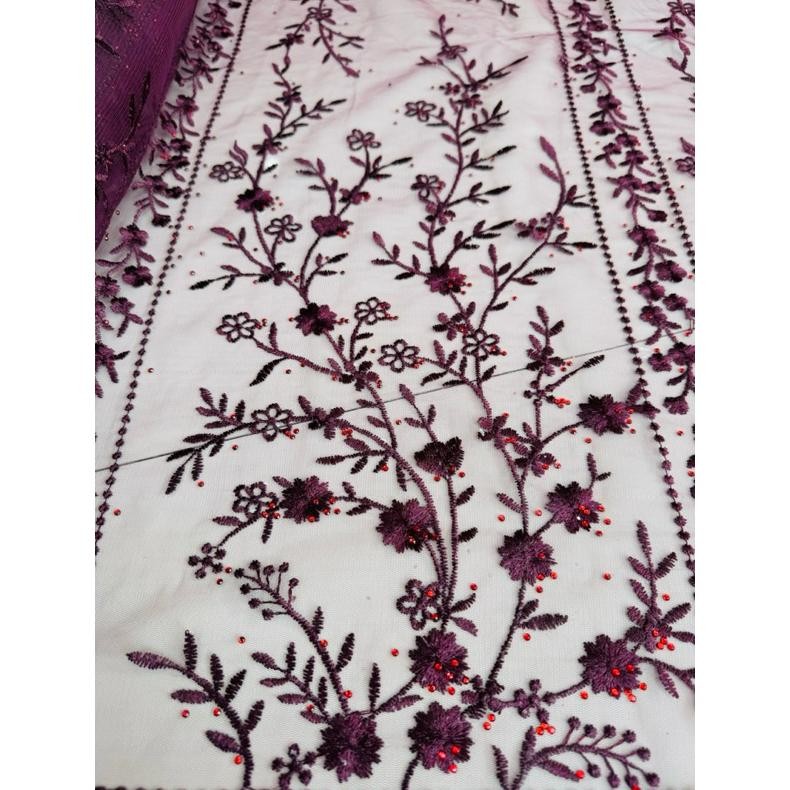 SY Kain tulle bordir bunga senada motif kotak denim dan burgundy  (harga persetengah meter)