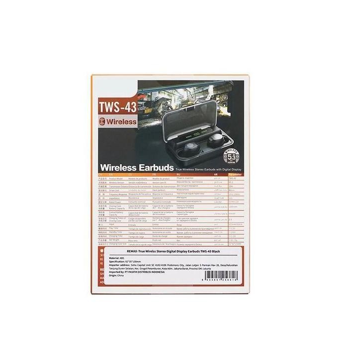 Kkv Remax True Wireless Stereo Earbuds Tws-43 Hitam Bluetooth Led Earphone Headphones New Stok