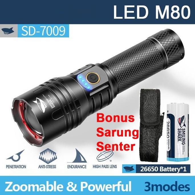 Senter Smiling Shark Sd7009 M80 Super Terang Type-C  Powerbank