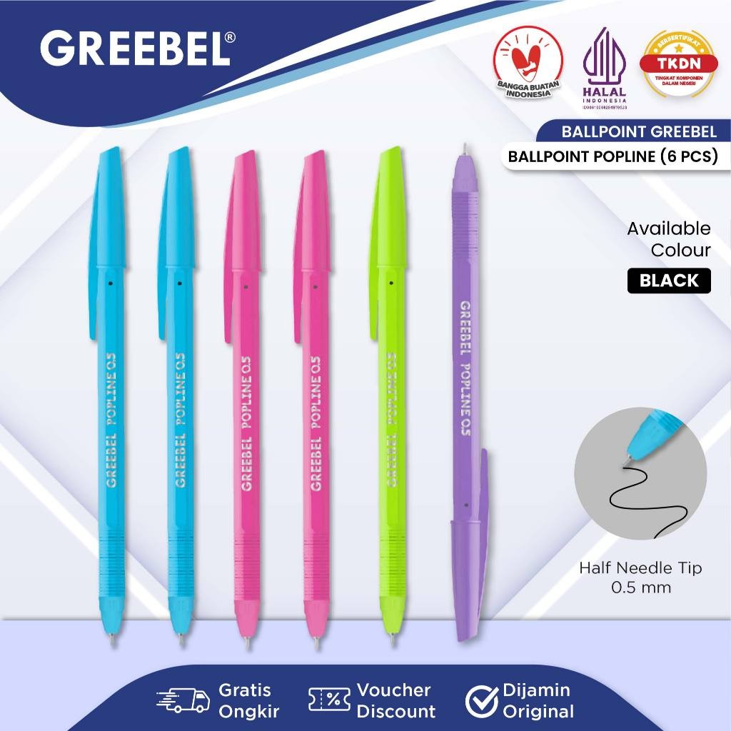 

GREEBEL Pulpen Ballpen / Popline 0.5 Hitam (6PCS/SET) / Ballpoint Bolpen Bolpoin Pena Gel