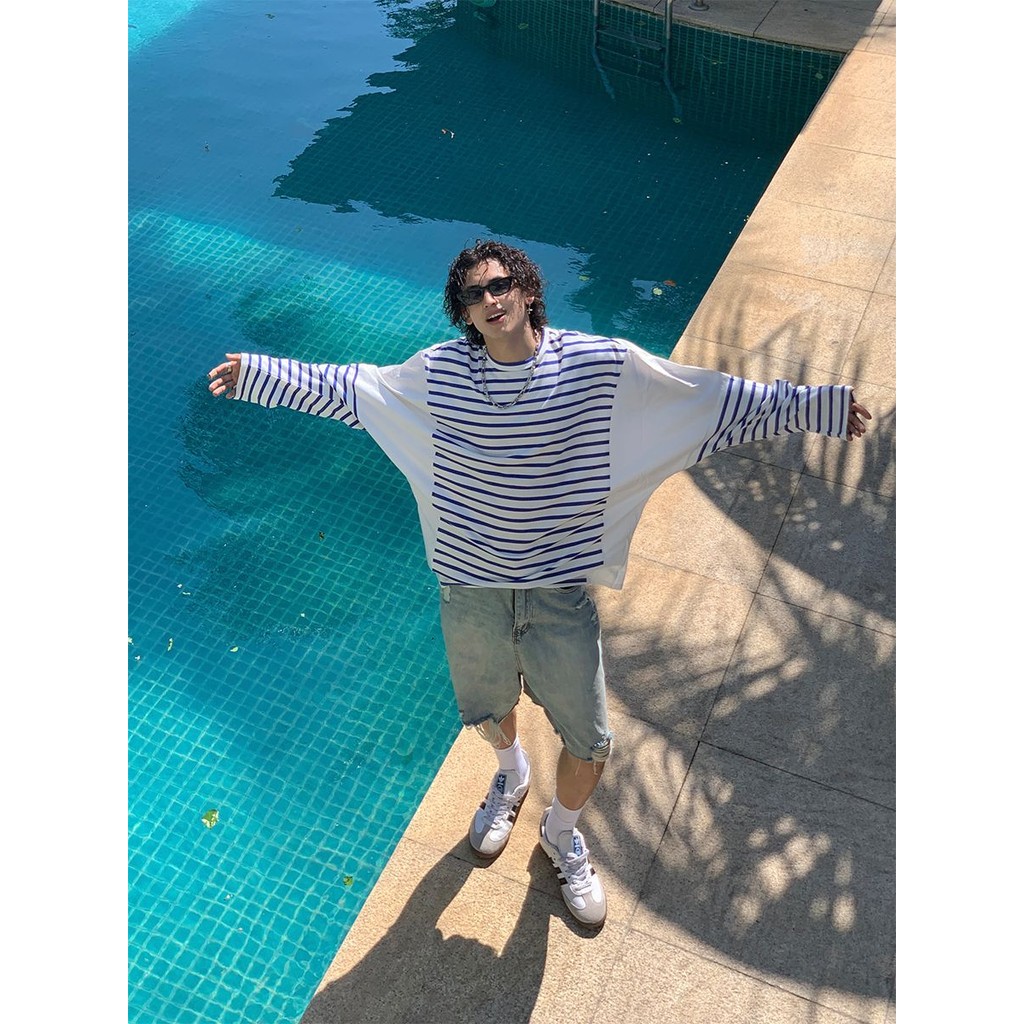 Roar Wild.YY-Kaos Lengan Panjang Bergaris Biru Dan Putih Untuk Pria