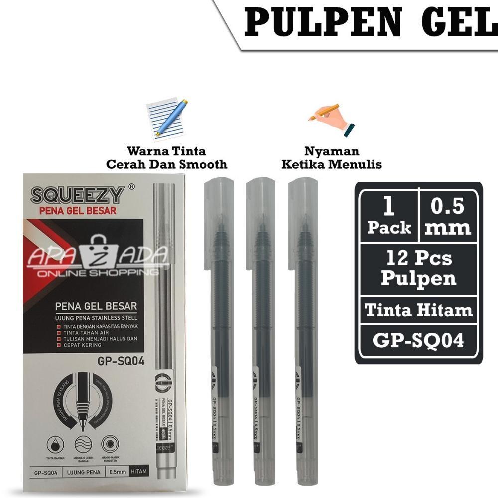 

KEKINIAN APAZADA - GEL PEN / PULPEN GEL TINTA HITAM 0.5MM [1 PACK - 12 PCS PULPEN] / PENA SQUEEZY SMOOTH / PEN GP-SQ04 TERLARIS