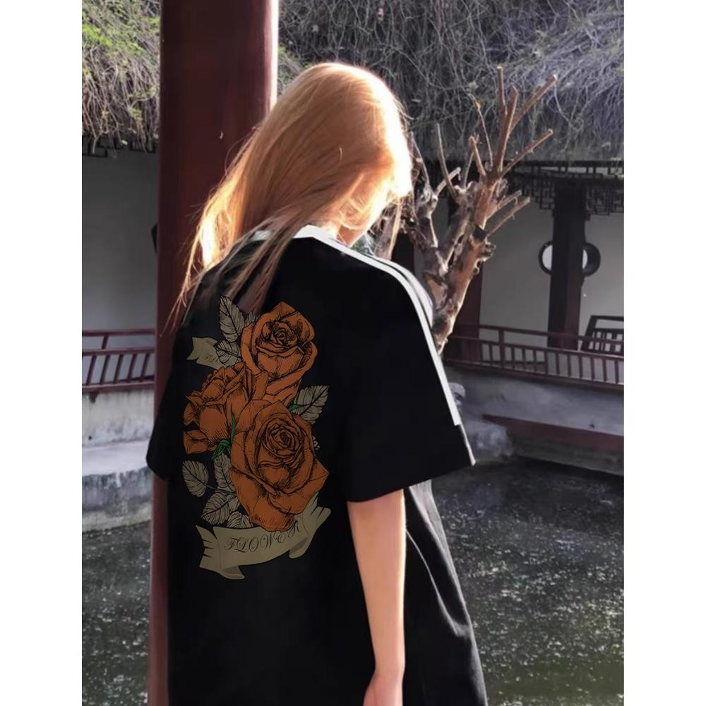 [original] koikoo kaos reglan tshirt wanita cetakan bunga retro baju kaos wanita import stripe lenga