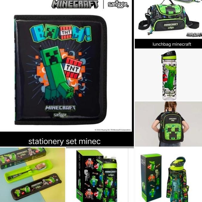 Smiggle Minecraft Backpack, Lunch Bag, Stationery, Botol Tali, Sendok