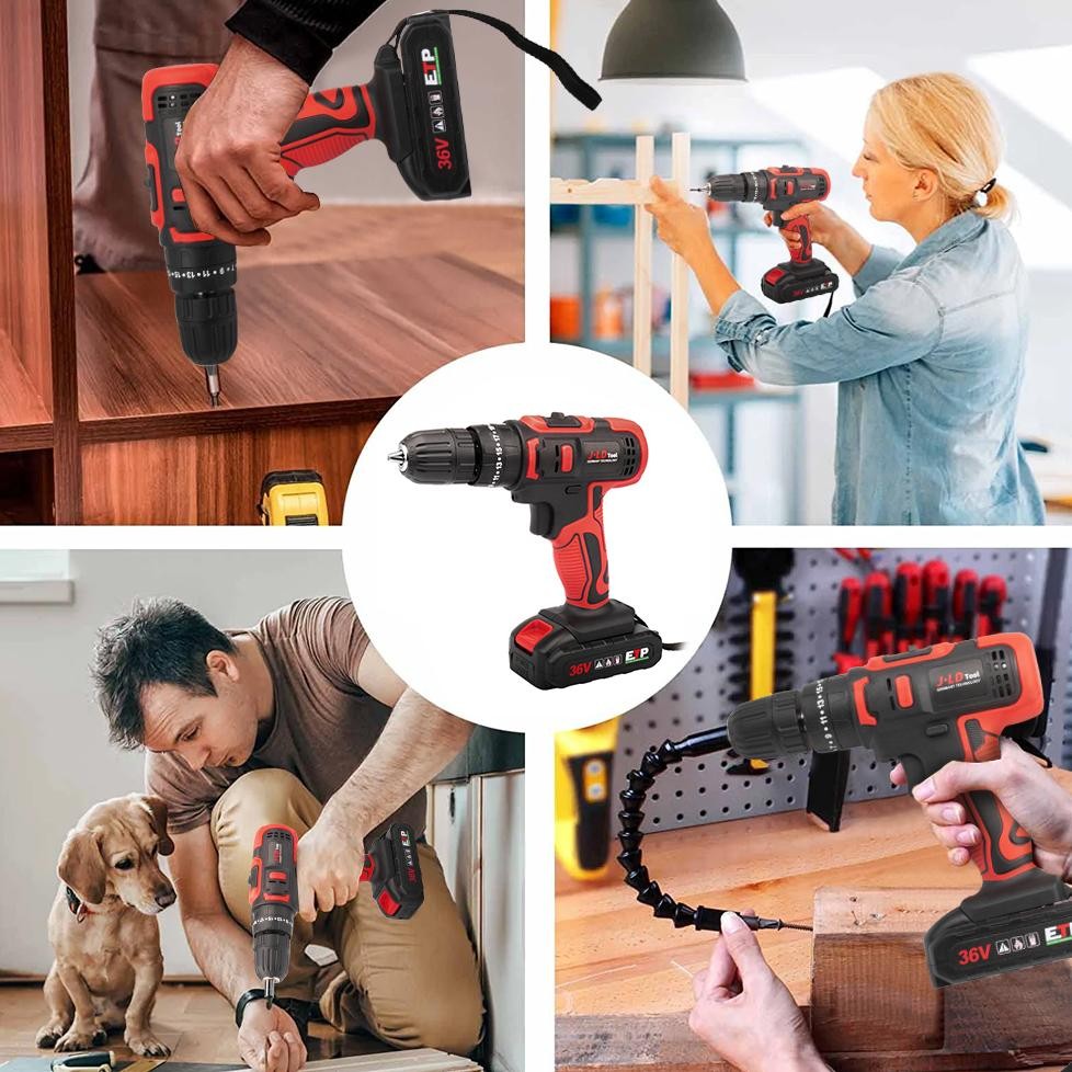 JLD 36vf Mesin Bor Baterai Tangan Cordless Drill Impek Baterai Komplit 10mm Bor Beton/Kayu/Dinding/T
