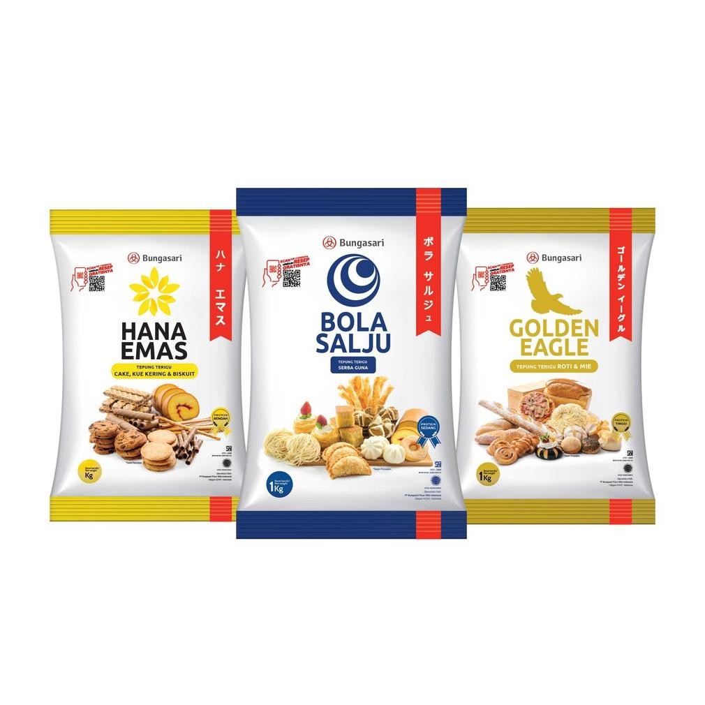 

READY STOCK Paket Komplit #1 Bungasari 1pcs Bola Salju Tepung 1kg + 1pcs Golden Eagle Tepung 1kg + 1pcs Hana Emas Tepung Cake
