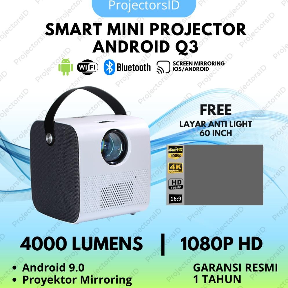 ''Terlaris" Smart Proyektor Android Wifi Q3 4000 Lumens | Proyektor Android 4K Full Hd | Proyektor M