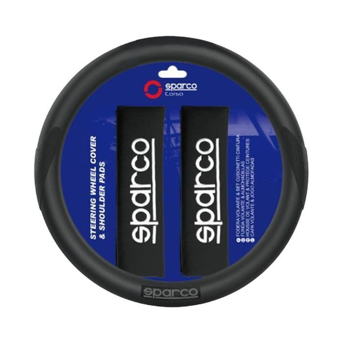 Azko Sparco Set 3 Pcs Sarung Stir Mobil & Bantalan Bahu - Hitam Steer Cover Aksesoris Interior Mobil