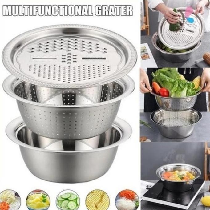 

Terlaris Baskom Stainless 3 In 1 / Parutan Saringan Sayur Dan Buah Multifungsi