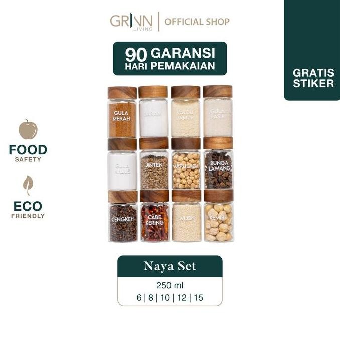 SET PAKET GRINN LIVING Naya Airtight Glass Jar 250ml toples kaca tutup bambu atau kayu / toples bumb
