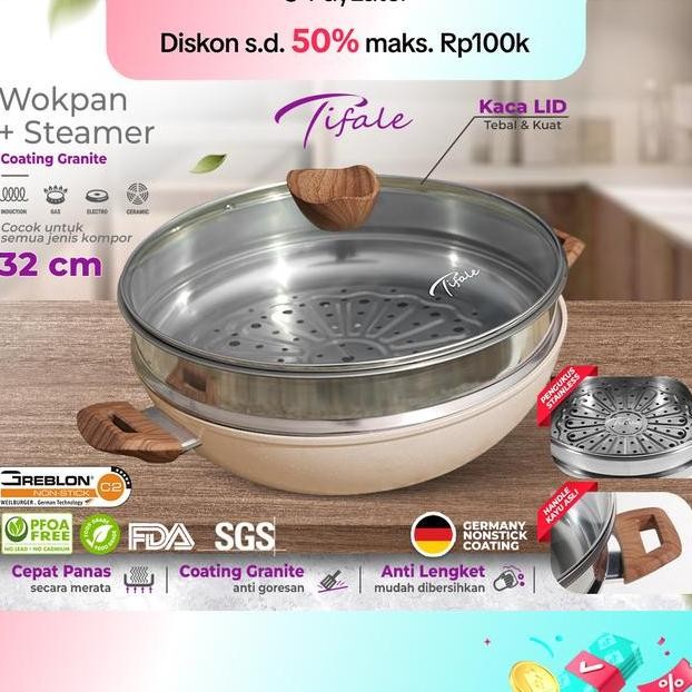 Extra Subsidy Tifale 2In1 Wokpan Diameter 32Cm Glass Lid Granite Steamer Non Sti Alat Masak Wok Deng