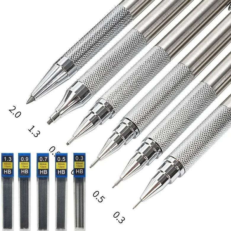 

Metal Mechanical Pencil Set With Pencil Grip Leads Art Drawing Student Office Supplies 0.3 0.5 0.7 0.9 1.3 2.0 Mm Automatic Pen