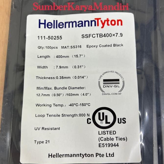 

Hellermann Tyton Cable Ties SS 316 Epoxy Coated Black 400MM x 7.9MM x 0.35MM (100Pcs) Kualitas Original