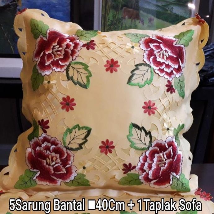 BEBAS ONGKIR - Sarung Bantal Kursi Import,Kuning Bordir Bunga Mawar + 1Taplak Tamu .