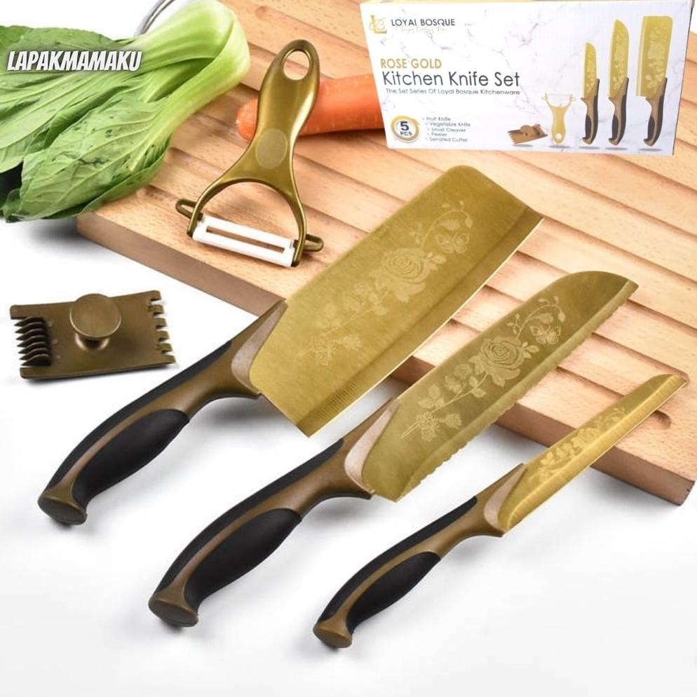 NEW Set Pisau Dapur Lengkap Dengan Pisau Dan Peeler 5in1 Gold