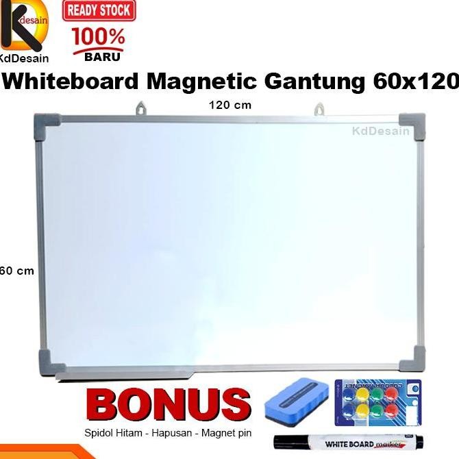 

Whiteboard Magnetic Gantung 60x120 Spidol Hitam Mgnet Hapus Kualitas Original