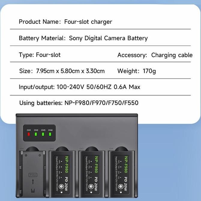 Charger Baterai 4 Slot For Sony Np F970 F750 F550 Black + 4 NP-F970 Kualitas Original