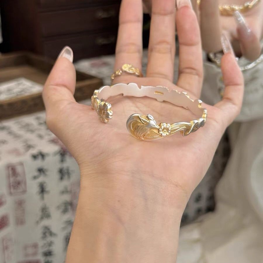 Perak Murni999.9Gelang Cincin Rubah Emas Terbuka Gaya Cina Baru