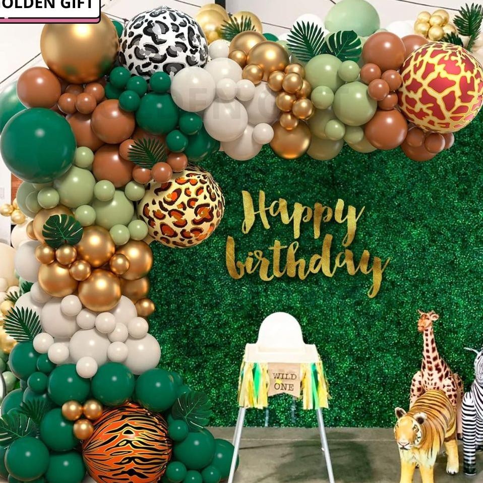 Set Balon Coklat Ulang Tahun Dekorasi Hijau Pesta Hutan Safari Pesta Liar Hutan Tropis Pesta Baby Sh