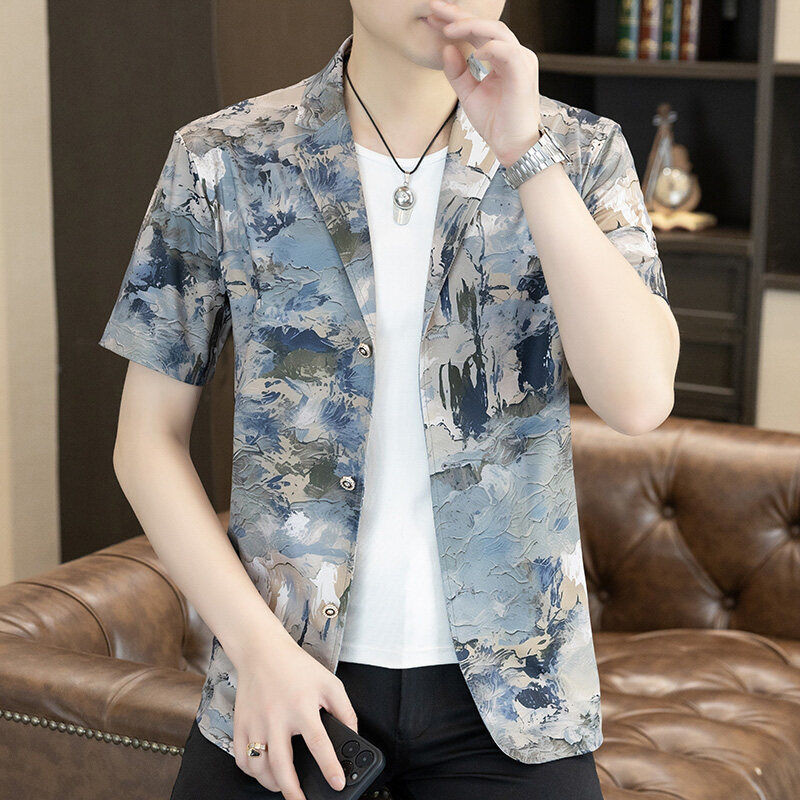 Pria Baru Cina Dicetak Pemandangan Lukisan Lengan Pendek/Setelan/Setelan