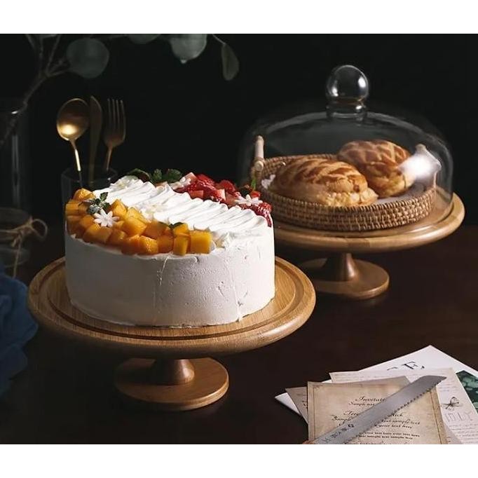Wood Cake stand Display with glass cover Tempat kue dengan tutup kaca extra besar